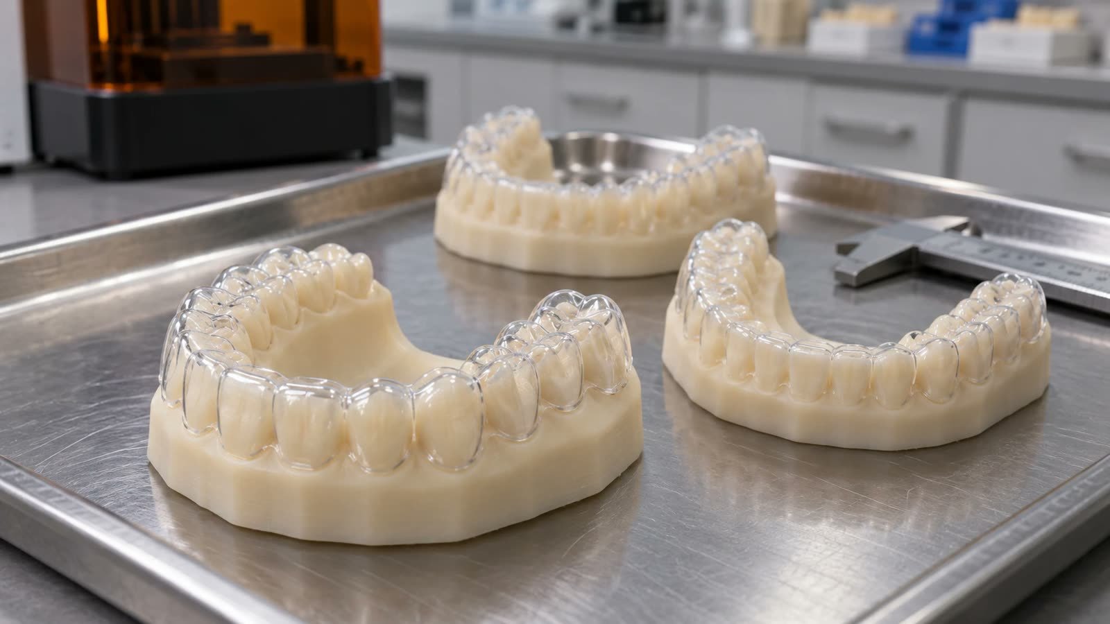Clear aligners formed over 3D-printed dental models on a lab tray, with a 3D printer in the background