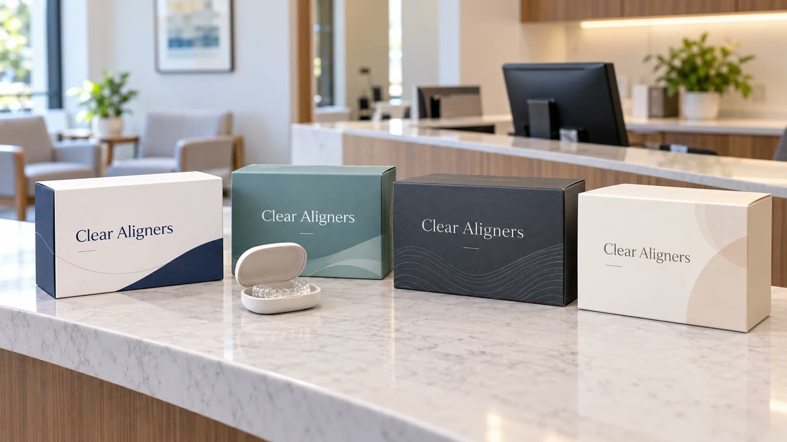 Four boxes of clear aligners from different brands, with an aligner case, on a clinic reception counter